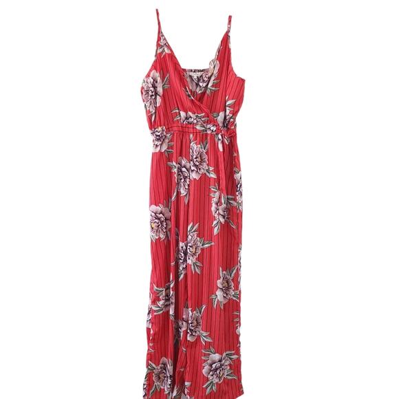 Indulge Floral Sleeveless Romper Large Juniors Red, Striped, Faux Wrap Surplice - Picture 1 of 4